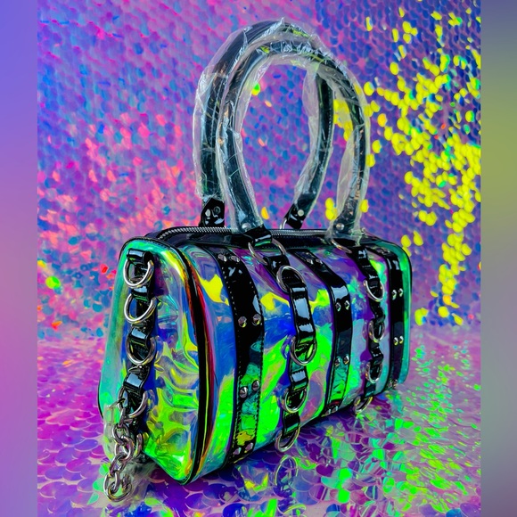 Pastel Goth Blk Rainbow Holographic Chains Buckle Bag - Picture 4 of 11
